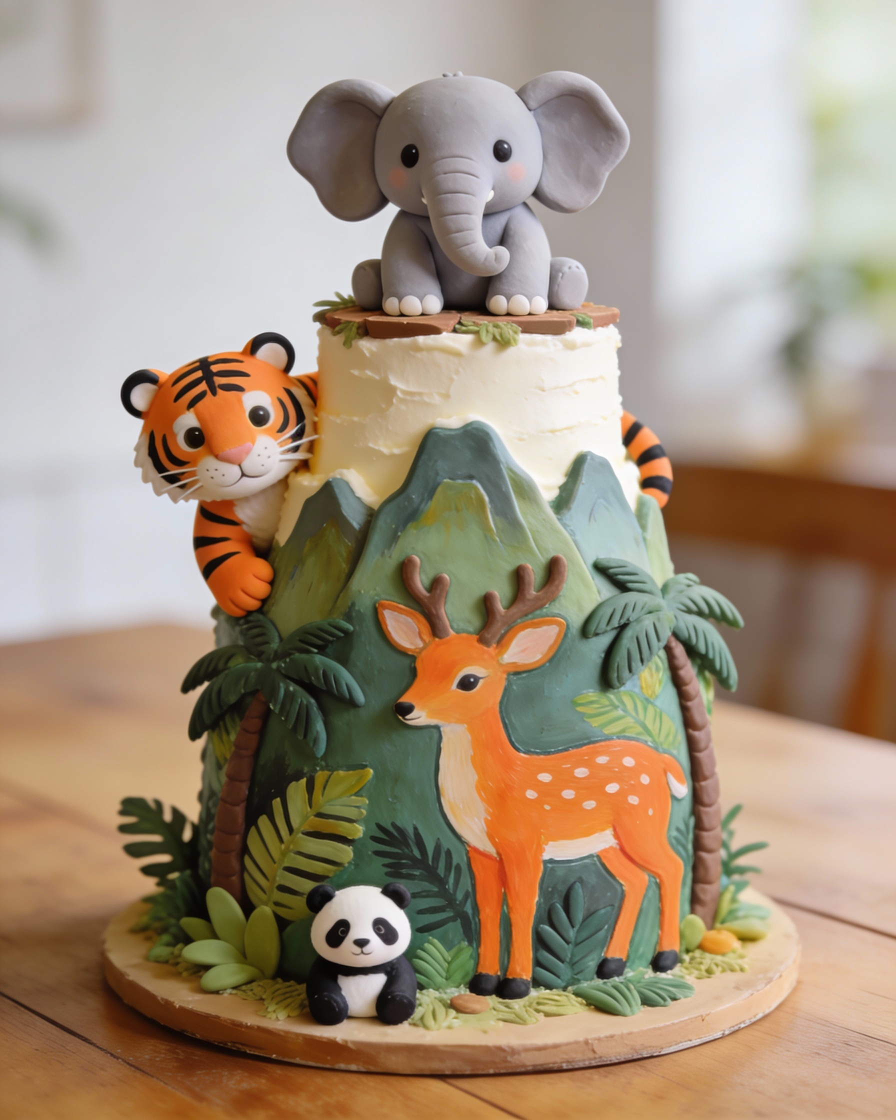 Adding white buttercream waterfall and green jungle textures to tropical animal cake