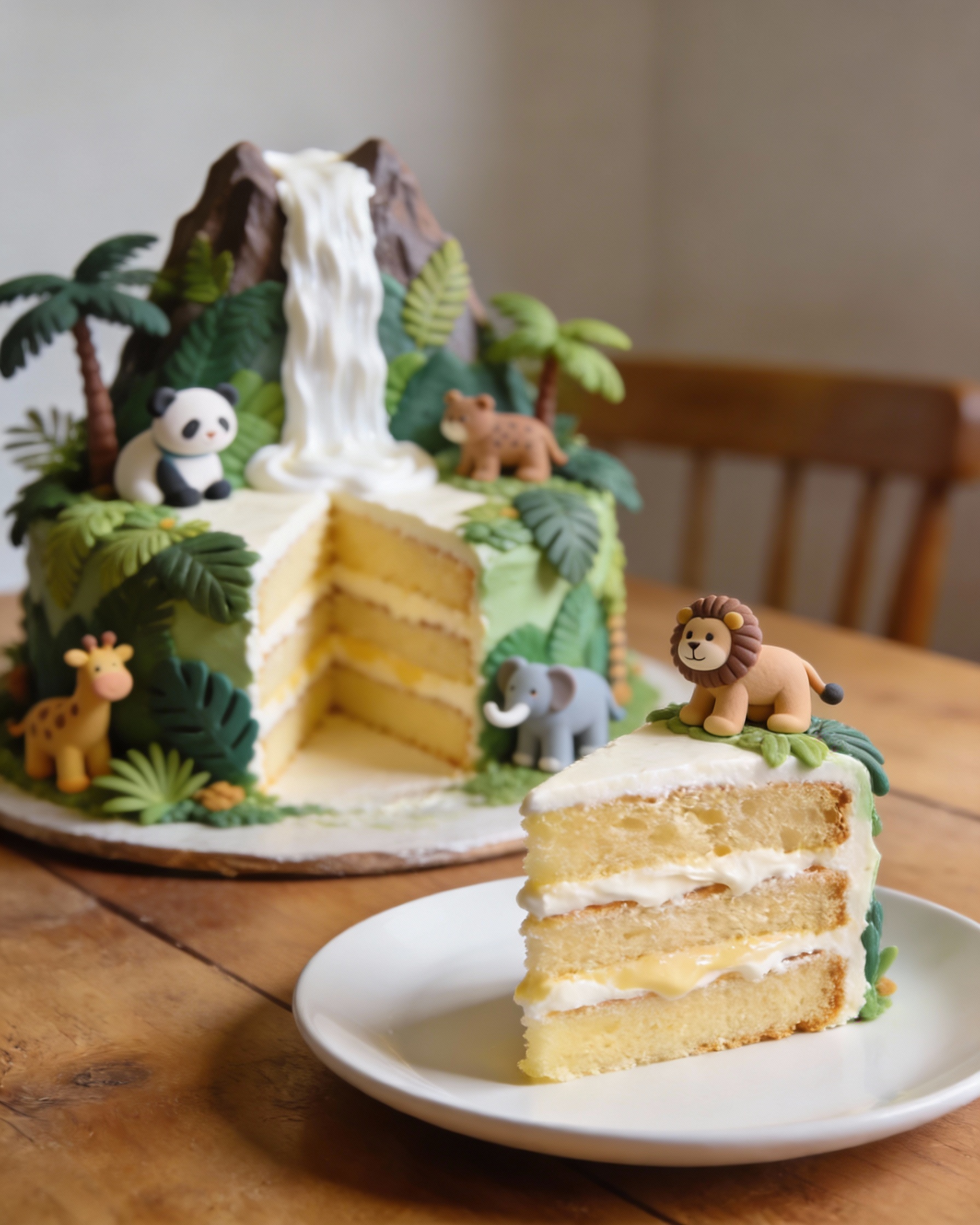 Fondant jungle animals including elephant, tiger, deer and panda for kids birthday cake
