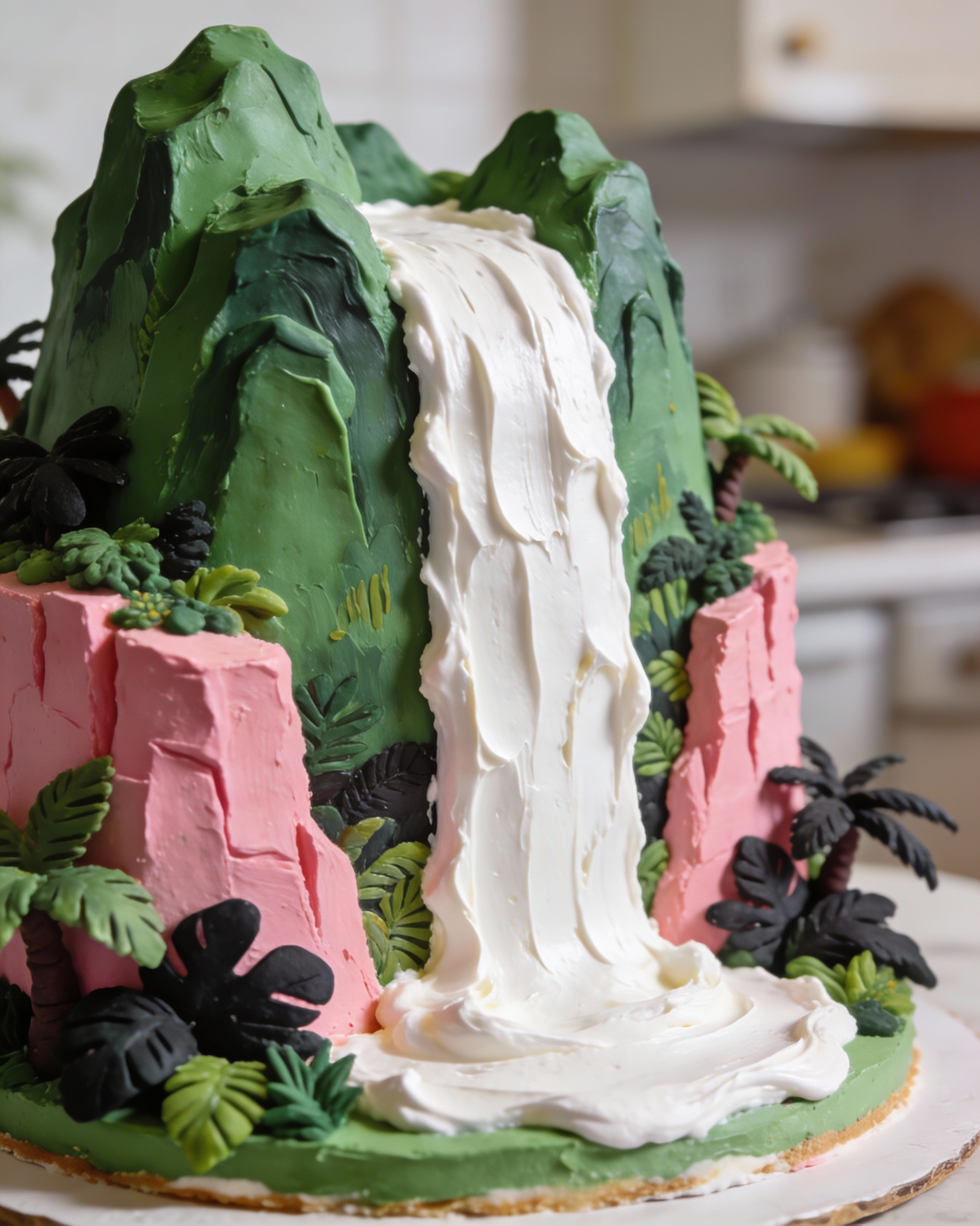 Step‑by‑step carving of tall jungle animal cake before buttercream waterfall