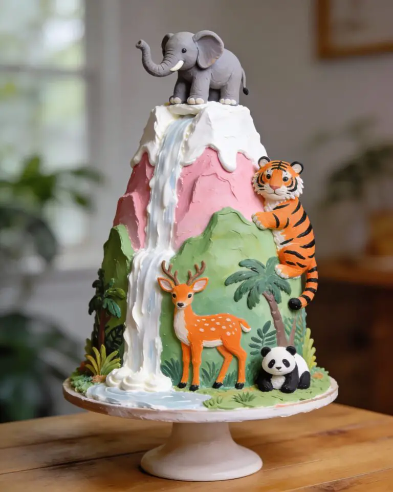 Playful tropical jungle animal cake with tall carved layers and fondant elephant on top