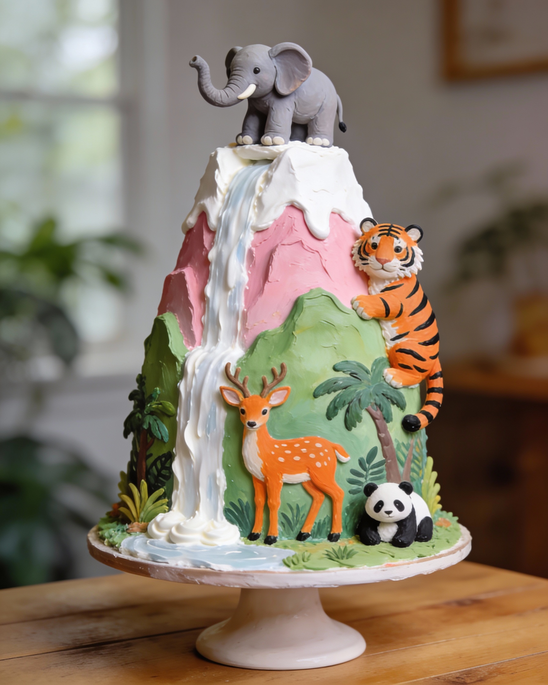Playful tropical jungle animal cake with tall carved layers and fondant elephant on top