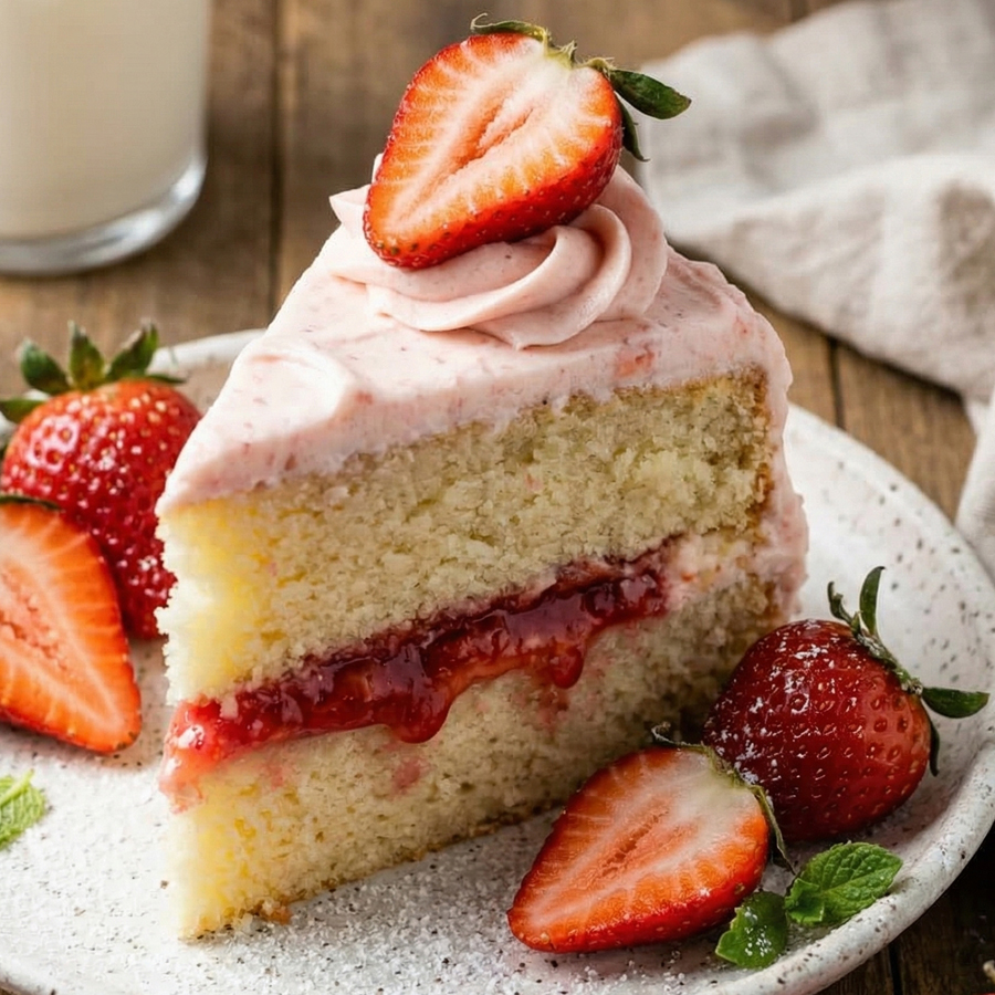 Strawberry Vanilla Cake Slice A perfect slice of vanilla sponge cake filled with strawberries and pink whipped cream frosting
