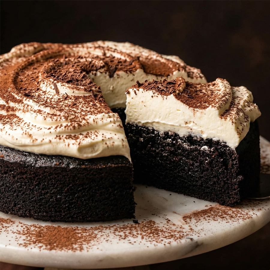 A moist slice of black cocoa cake topped with whipped cream and cocoa dusting