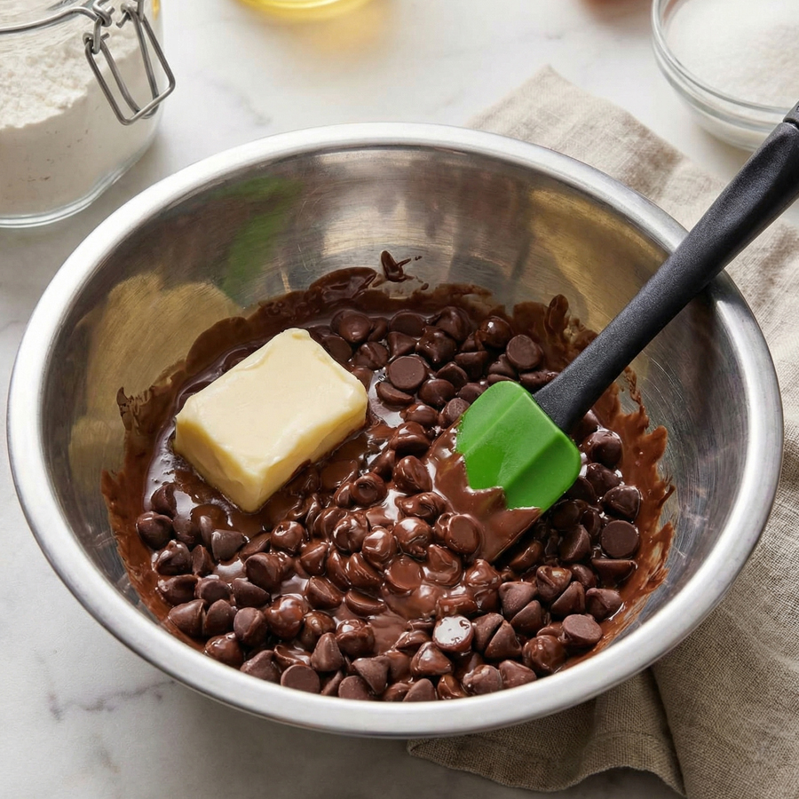 Chocolate Glaze Ingredients A stainless steel bowl filled with semi-sweet chocolate chips and butter ready to be melted