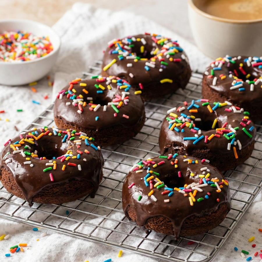 Perfect Chocolate Glazed Donuts Six homemade chocolate glazed donuts topped with colorful sprinkles resting on a wire rack