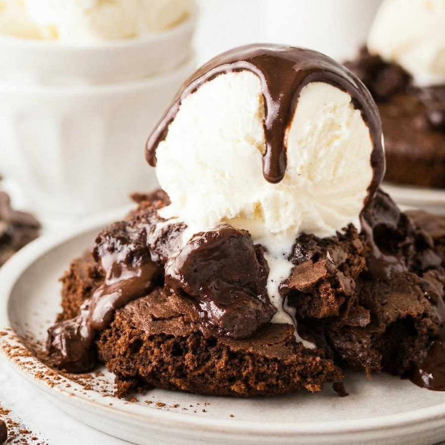 A warm chocolate melted cake slice with an oozing liquid center served on a white plate