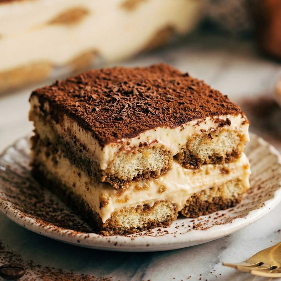 A beautiful square piece of classic tiramisu with distinct layers of ladyfingers and mascarpone cream