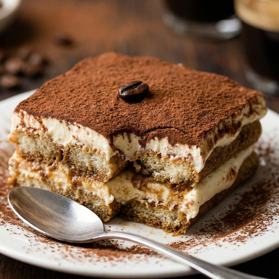 A slice of classic tiramisu heavily dusted with dark cocoa powder served on a white plate