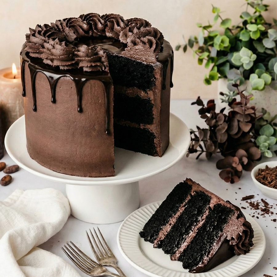 A beautifully sliced black cocoa cake with white mascarpone frosting on a cake stand