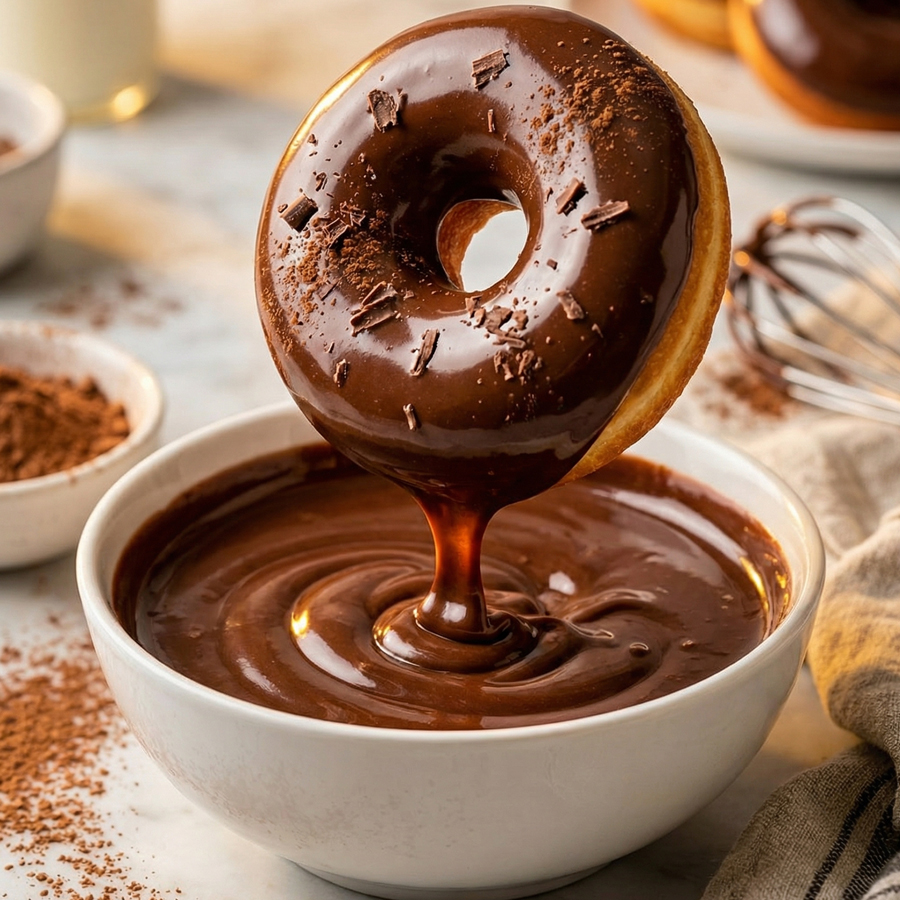 Dipping Donuts in Glaze A donut being dipped into a white bowl of thick, shiny melted chocolate glaze