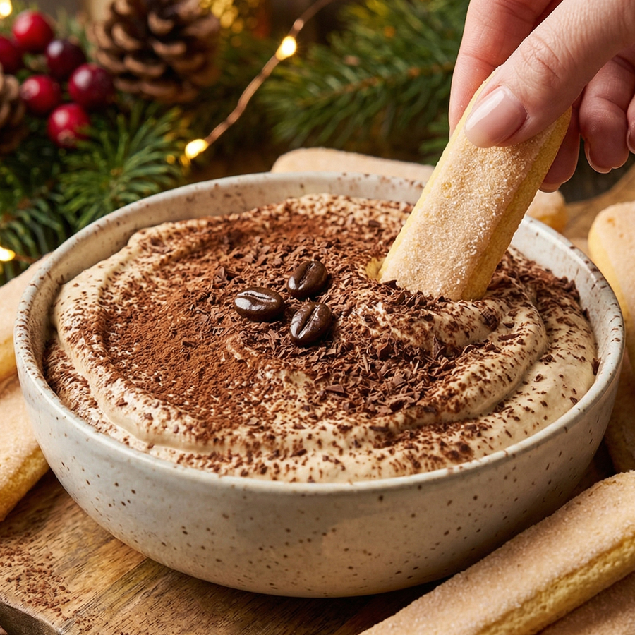 Hand dipping crisp Italian ladyfingers into a bowl of espresso for making tiramisu
