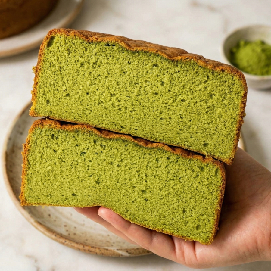 Sliced fluffy matcha sponge cake showing the soft green crumb interior