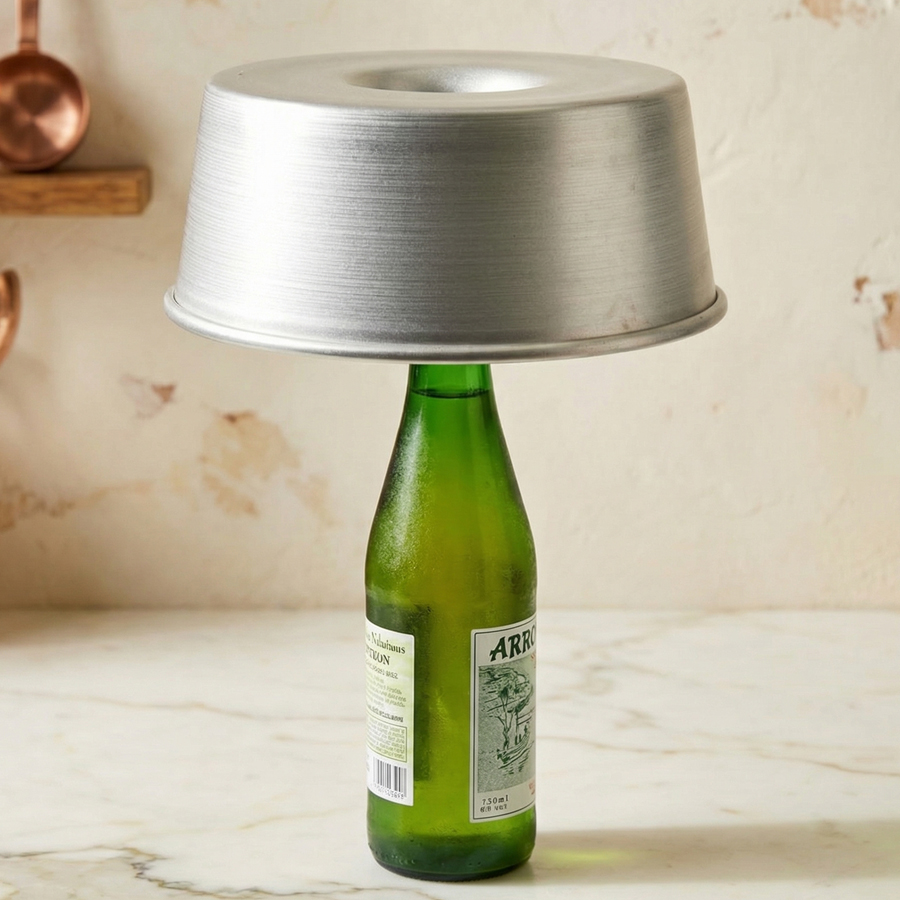 Chiffon cake pan inverted upside down on a wire rack to cool and prevent shrinking