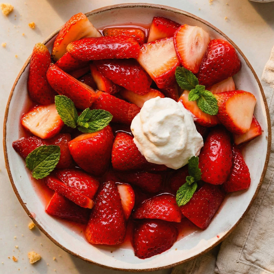 Making Strawberry Cake Filling Freshly sliced strawberries macerating in sugar in a white bowl to create a juicy cake topping