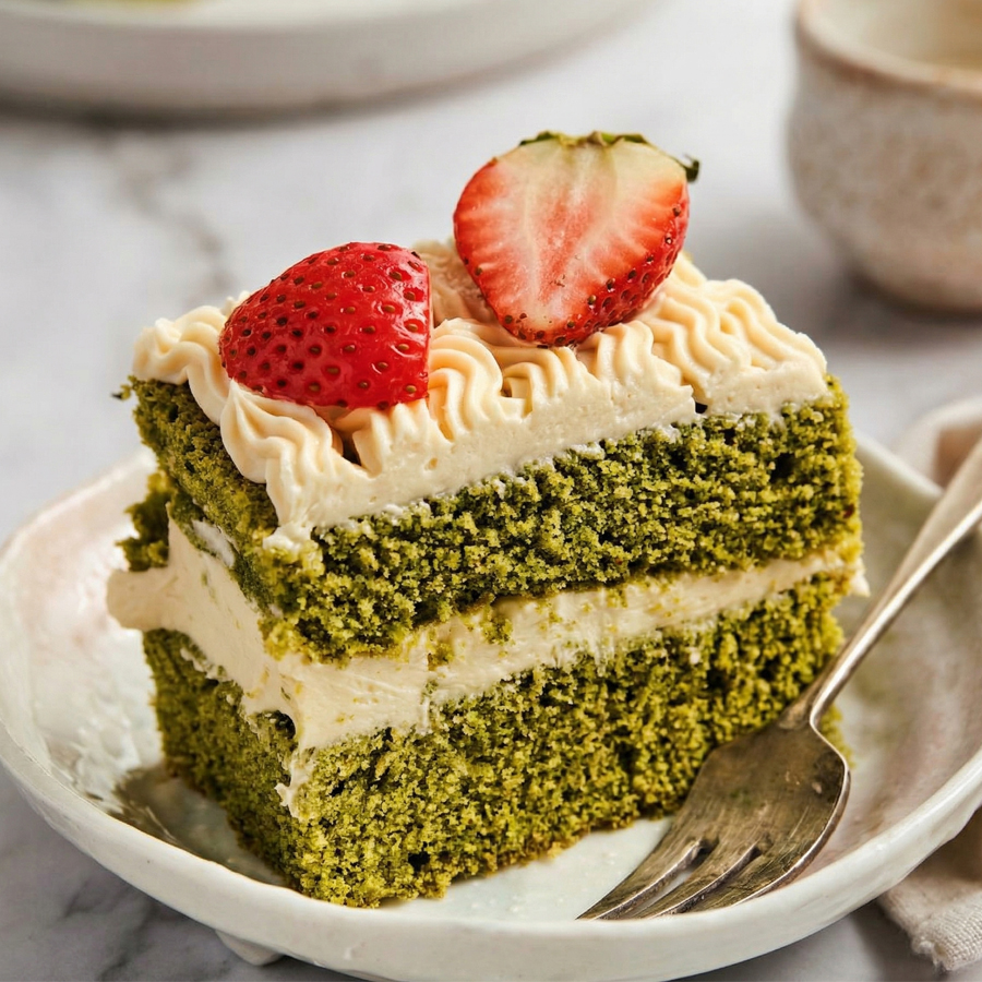 A delicate slice of matcha cake topped with fresh whipped cream and strawberries
