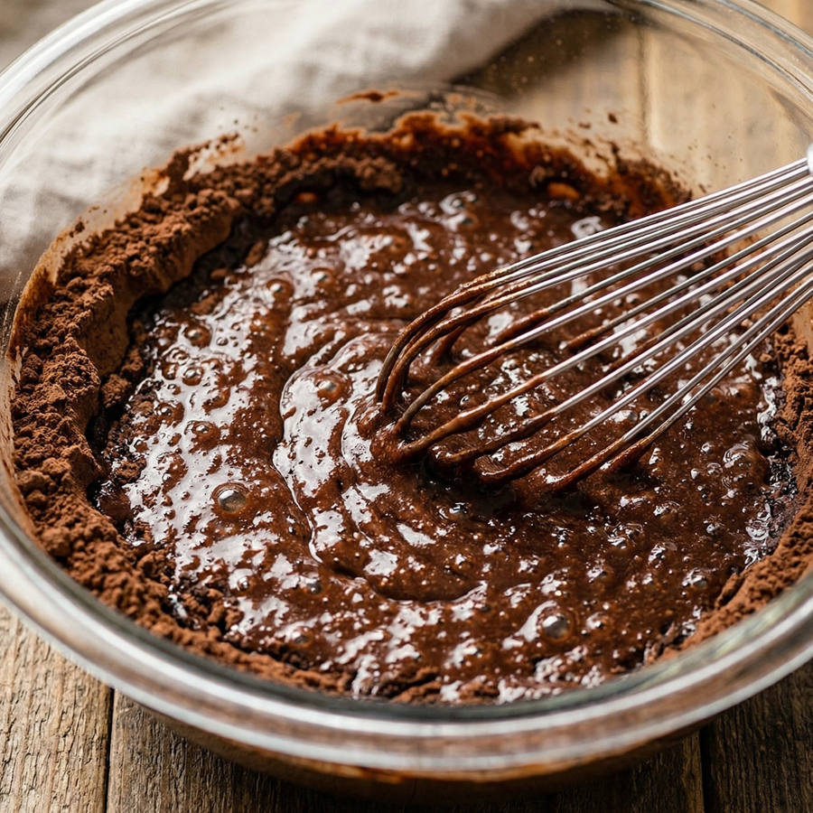 Whisking dark, smooth black cocoa cake batter in a glass bowl