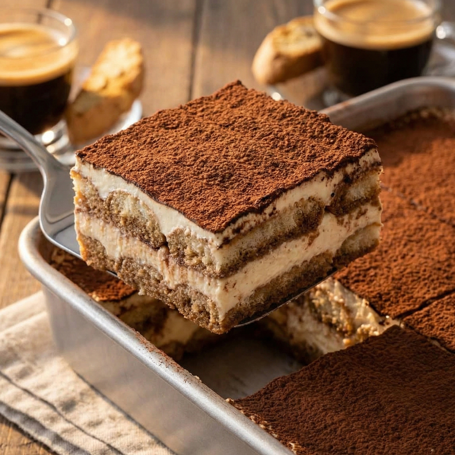 A close up of a rich and creamy tiramisu slice on a spatula