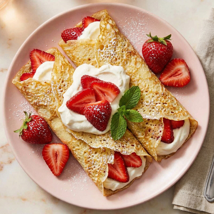 Soft folded strawberry crepes topped with fresh strawberries and homemade whipped cream