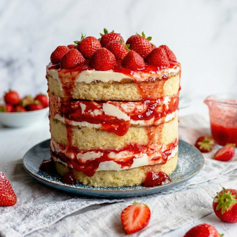 Perfect Strawberry Vanilla Cake A beautiful three-layer strawberry vanilla cake with cream cheese frosting and fresh strawberry topping