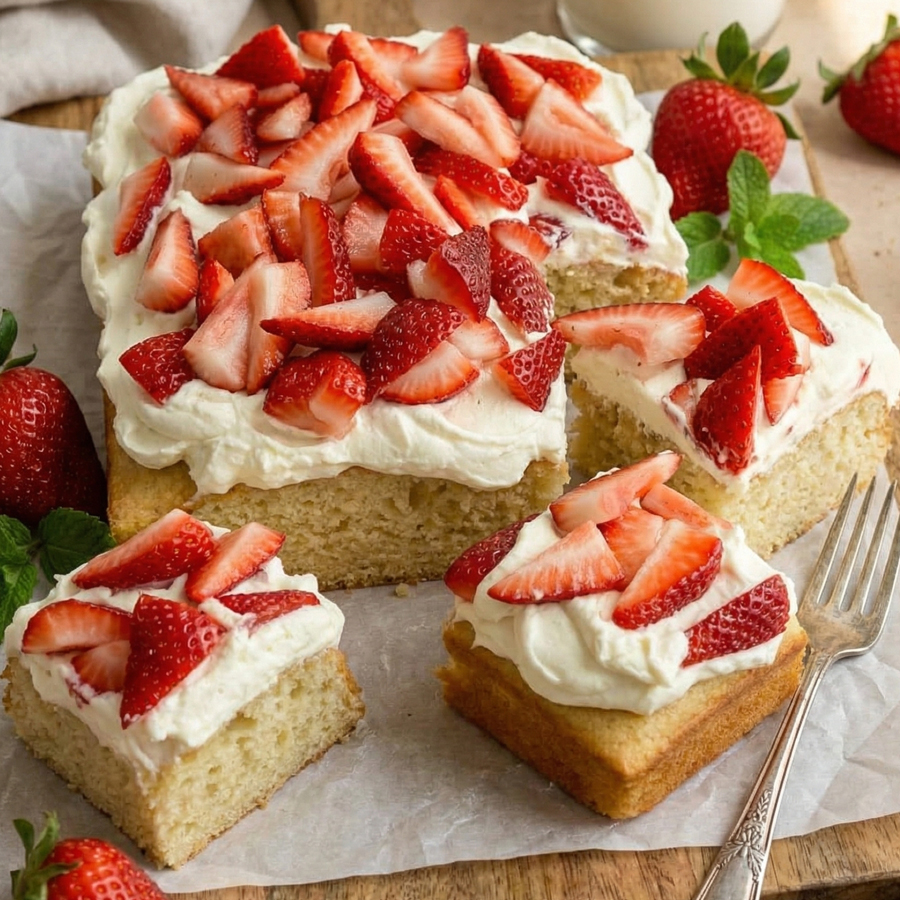 Decorating Strawberry Vanilla Cake A soft vanilla cake topped with piped cream cheese frosting and fresh whole strawberries