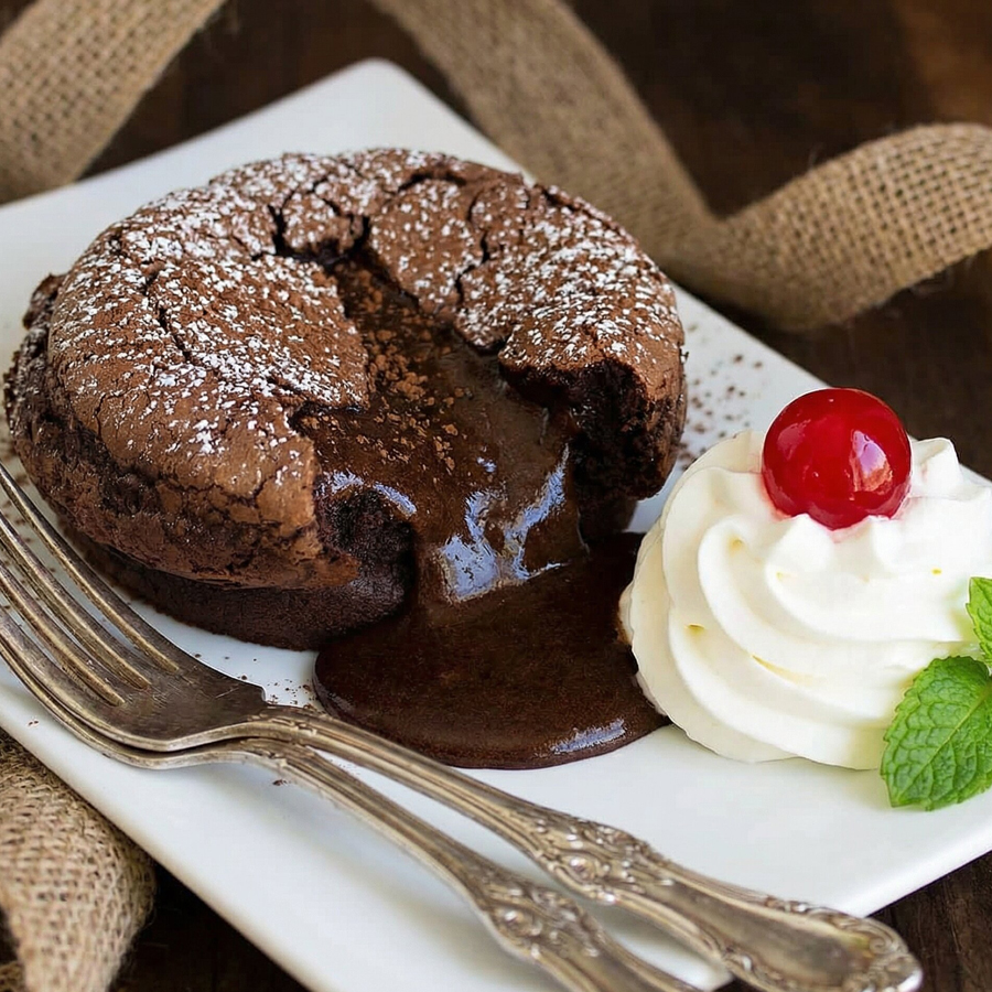 Close up of a warm chocolate melted cake slice with flowing chocolate center and cherry