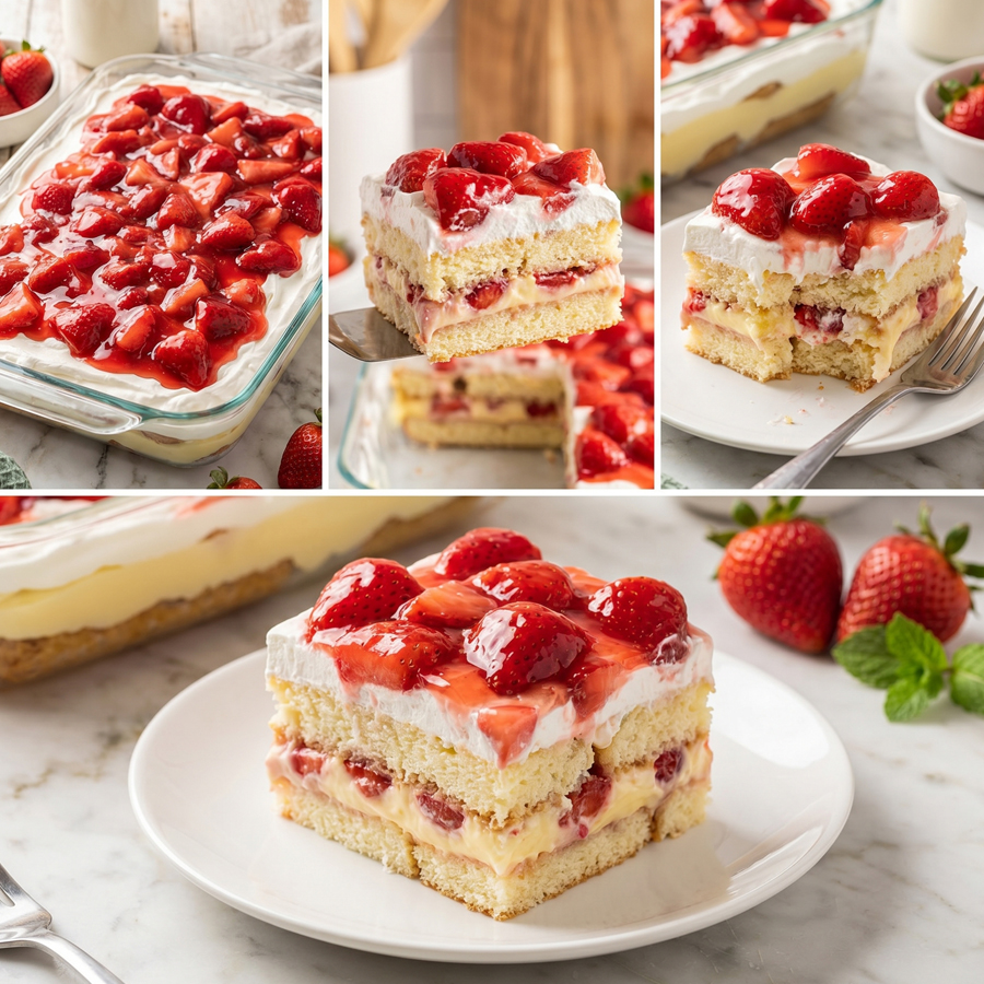 A glass baking dish filled with Strawberry Heaven on Earth Cake, showing the layers of cake cubes and strawberry filling.