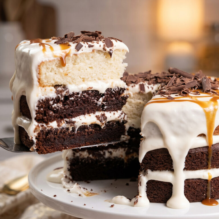 assembling white layer cake with brownie