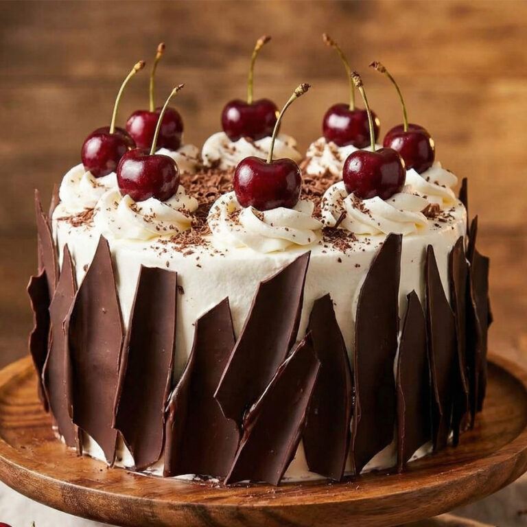 authentic black forest cake with fresh cherries