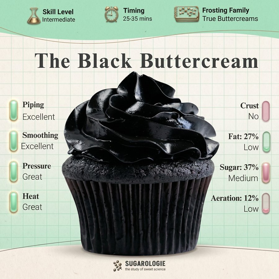 An infographic showing the texture, aeration, and piping quality of a perfect black buttercream frosting on a cupcake.