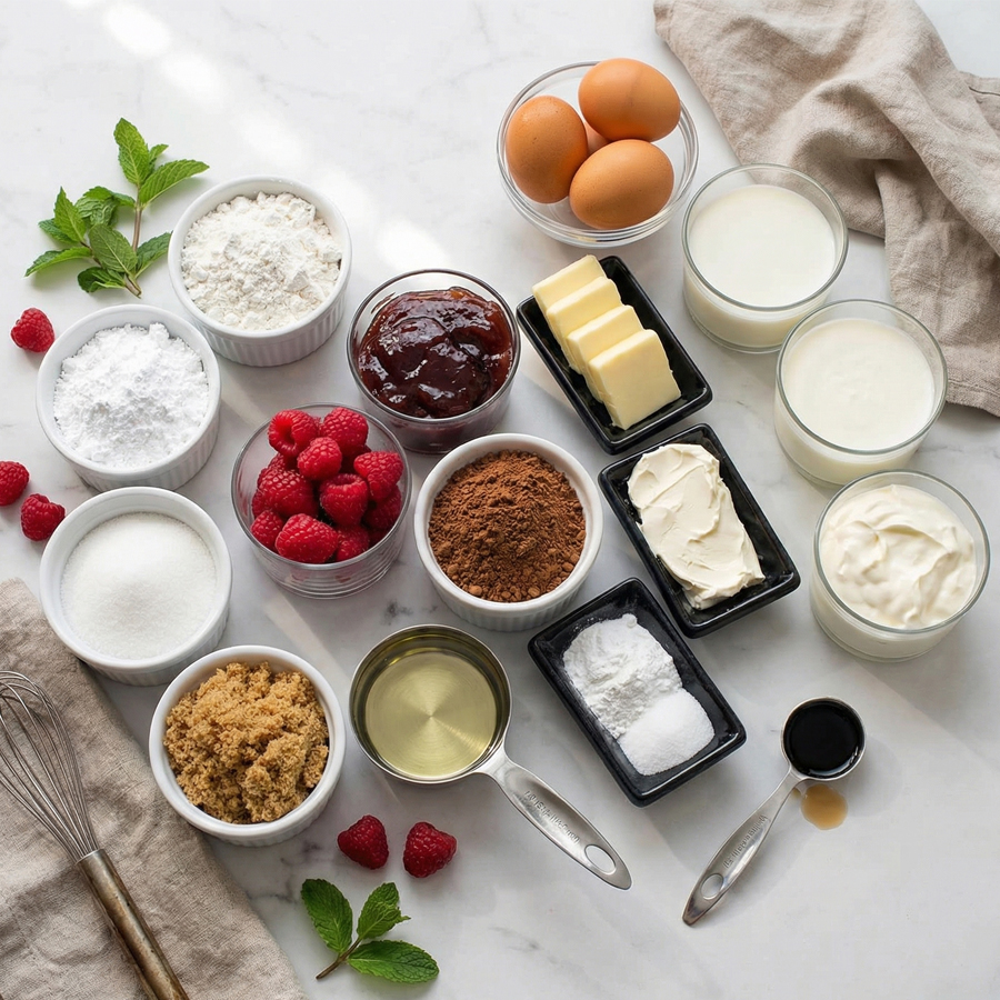 Assortment of baking ingredients on a marble surface including butter, cocoa powder, sugar, and heavy cream.
