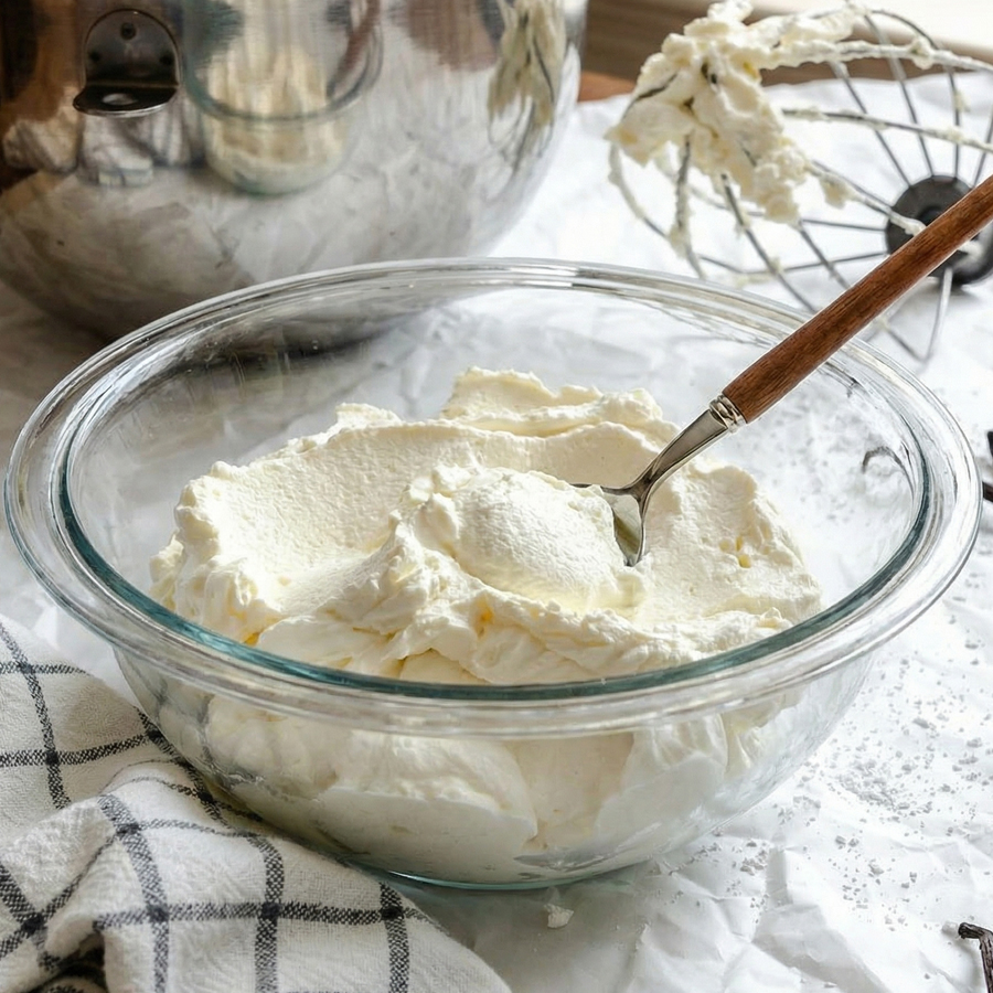 Thick Chantilly Mascarpone A bowl of thick, velvety white Chantilly Mascarpone cream with a wooden spoon, ready to be served.
