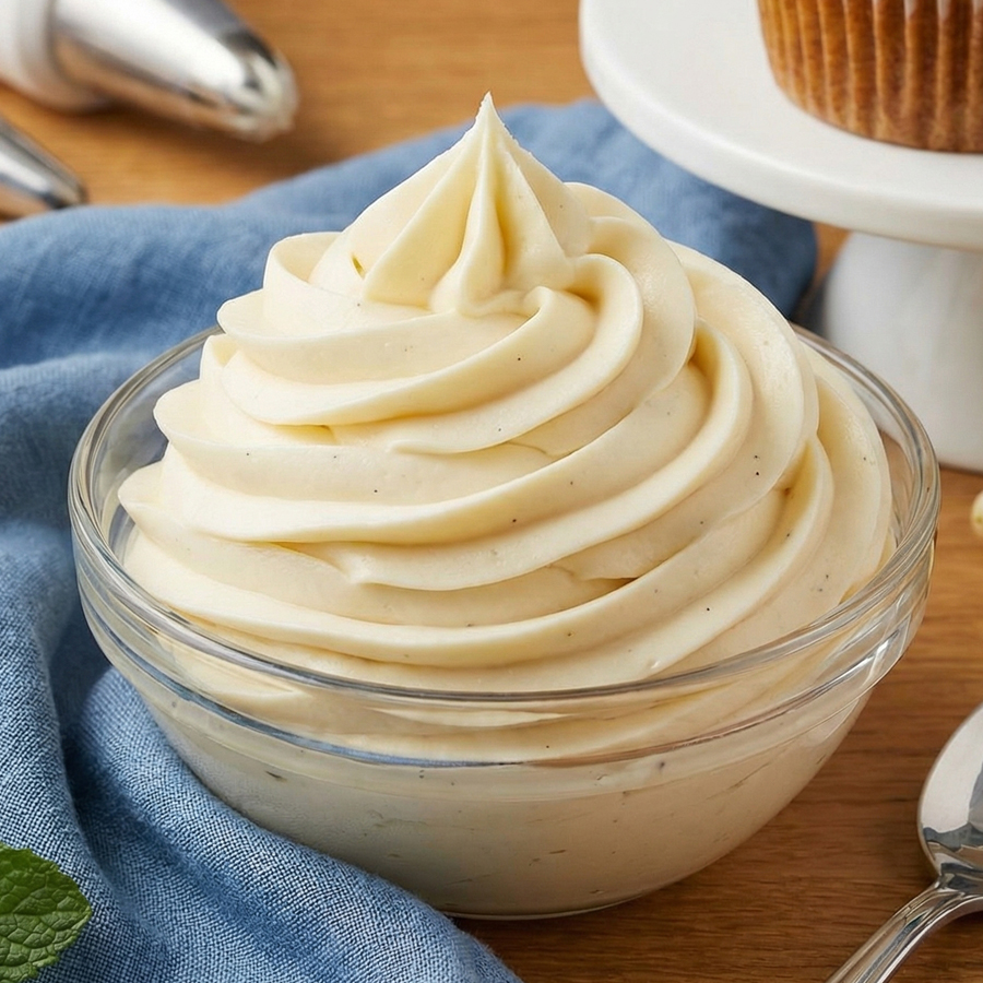 Fluffy Whipped Cream Cheese Frosting A glass bowl filled with fluffy smooth whipped cream cheese frosting next to a piping bag