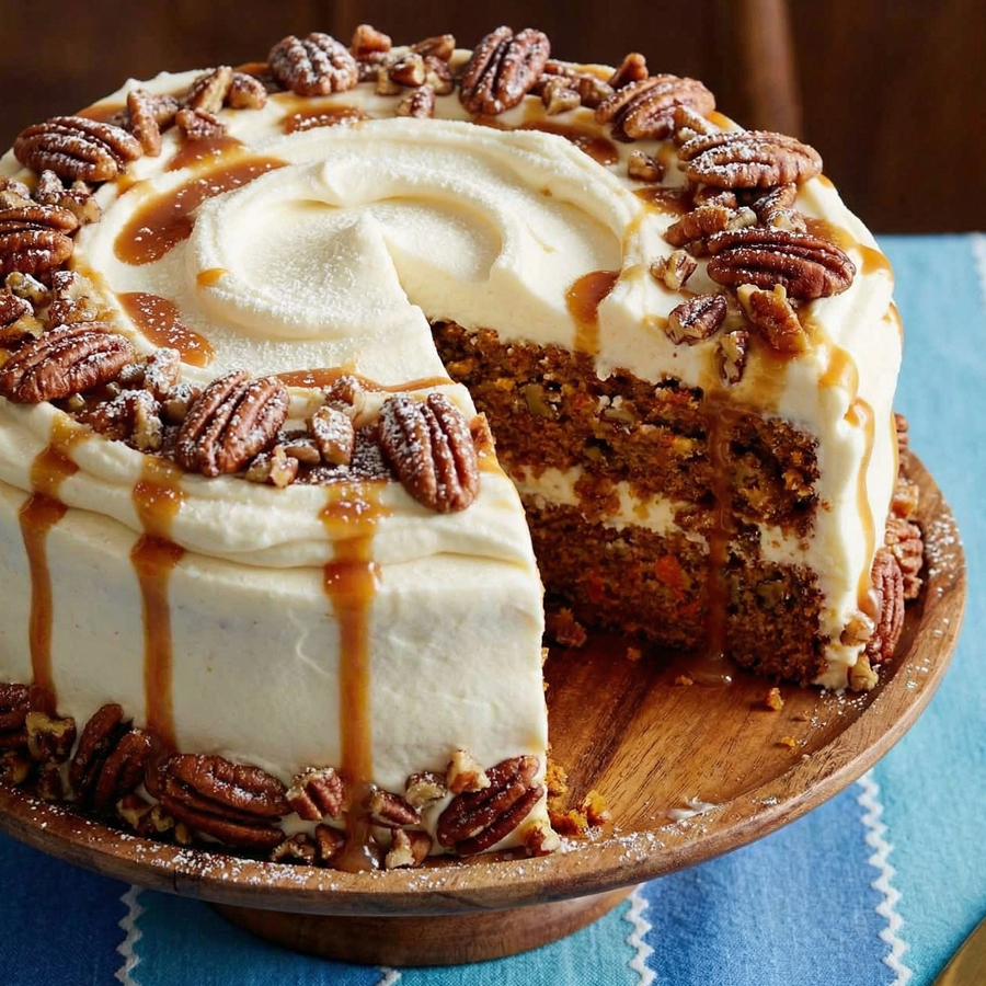 Carrot Cake with Cream Cheese Frosting A delicious slice of spiced carrot cake topped with a thick layer of whipped cream cheese frosting