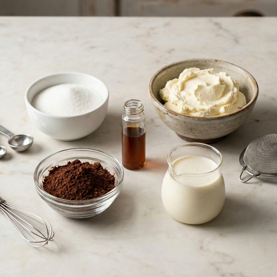 Mascarpone Cream Ingredients Assortment of baking ingredients including heavy cream, mascarpone cheese, sugar, and vanilla on a kitchen counter.