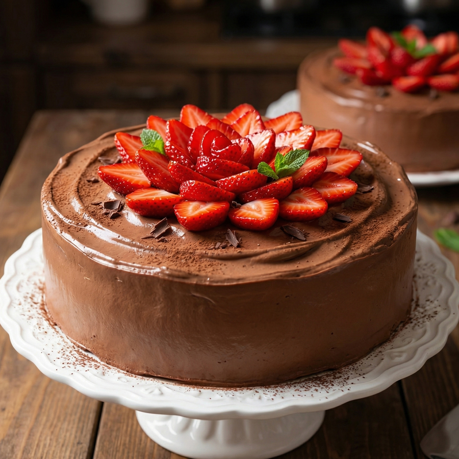 Chocolate Whipped Cream Cake A delicious chocolate layer cake frosted generously with chocolate whipped cream and fresh strawberries