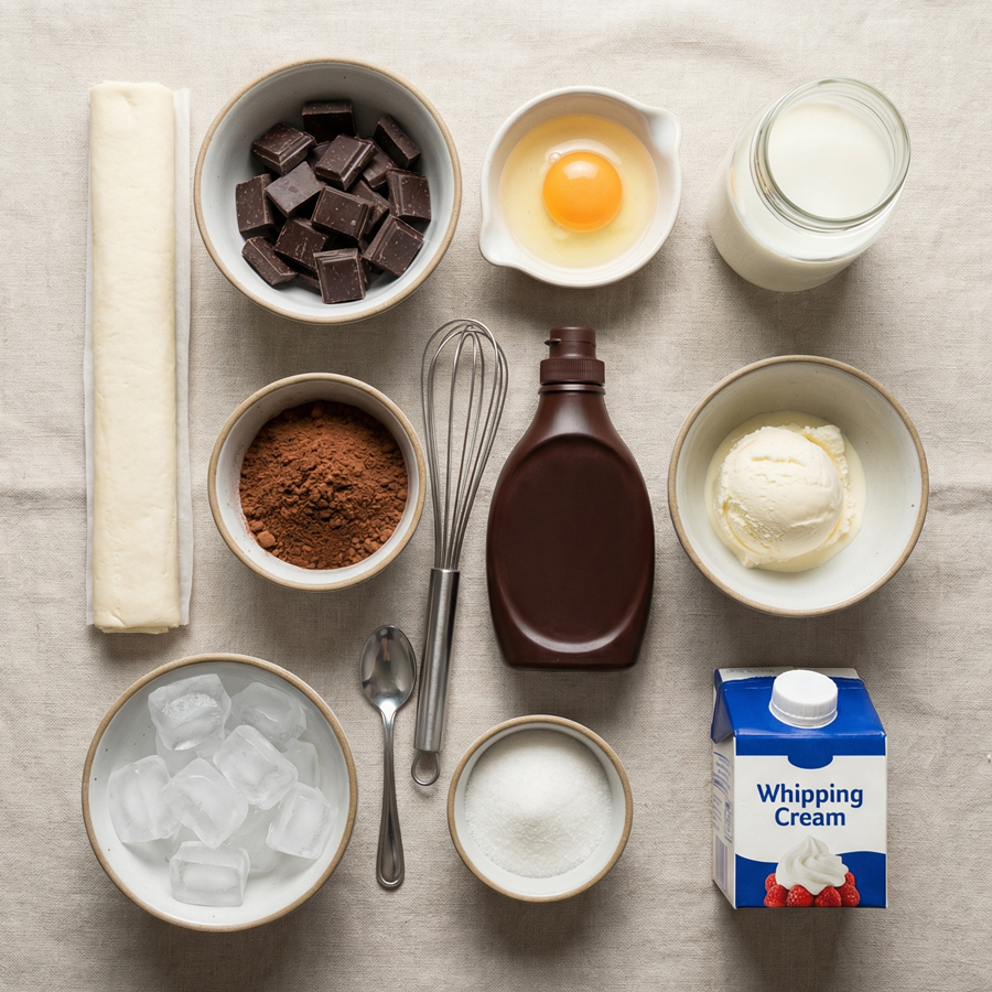 Puff pastry, dark chocolate, milk, cocoa powder, chocolate syrup, ice, and vanilla ice cream for chocolate croissants and frappe.