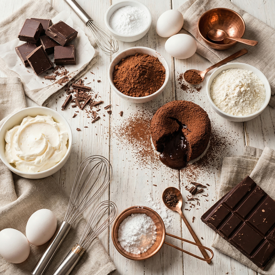 Ingredients for Chocolate Molly Cake Flat lay of ingredients for chocolate Molly cake including eggs, whipping cream, sugar, flour, and cocoa powder.