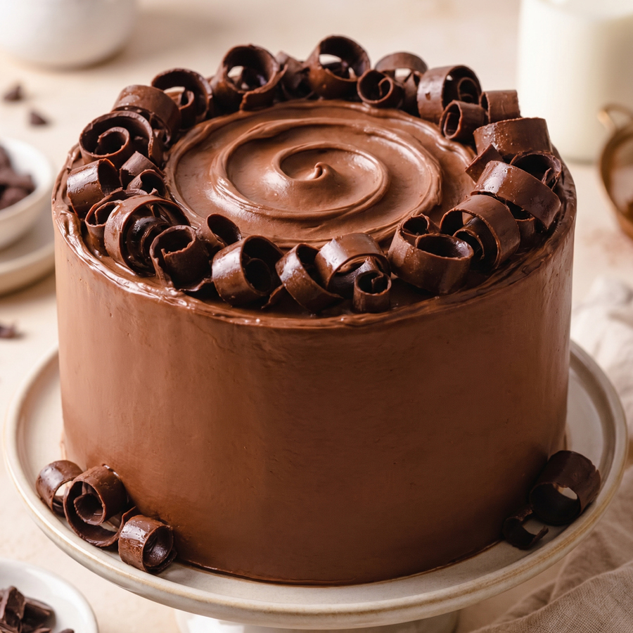 Piped Chocolate Buttercream Close-up of piped chocolate Swiss meringue buttercream swirled into elegant rosettes on a metallic surface.