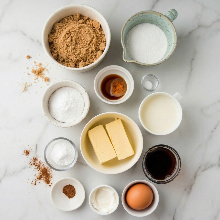 Ingredients for Moist Coffee Cake Flat lay of ingredients for moist coffee cake including flour, butter, eggs, sour cream, milk, sugar, and cinnamon.