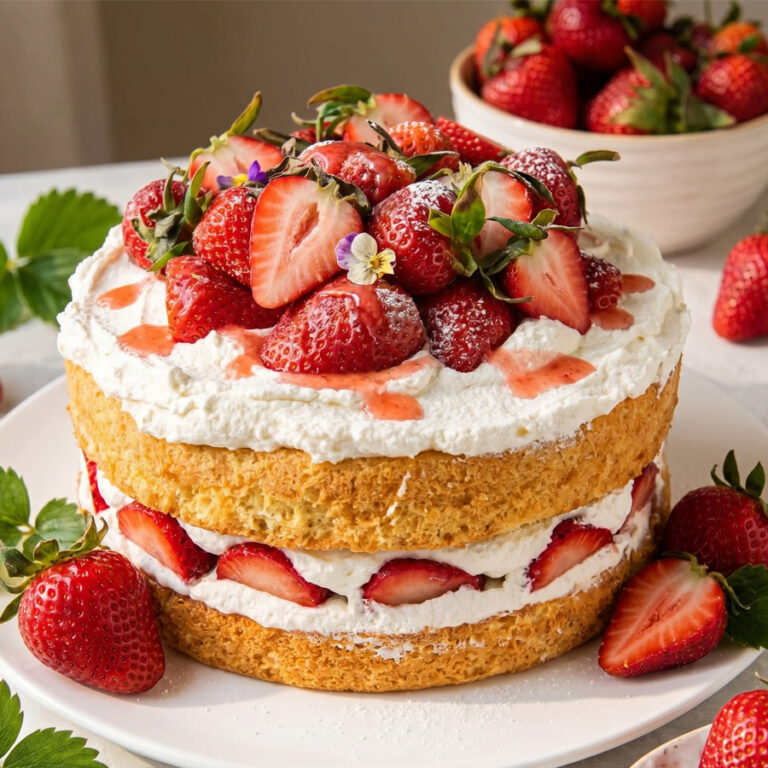 decorated vanilla sponge cake with strawberries