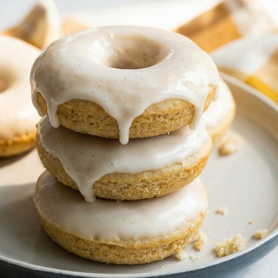 A stack of baked donuts coated in thick white vanilla glaze.
