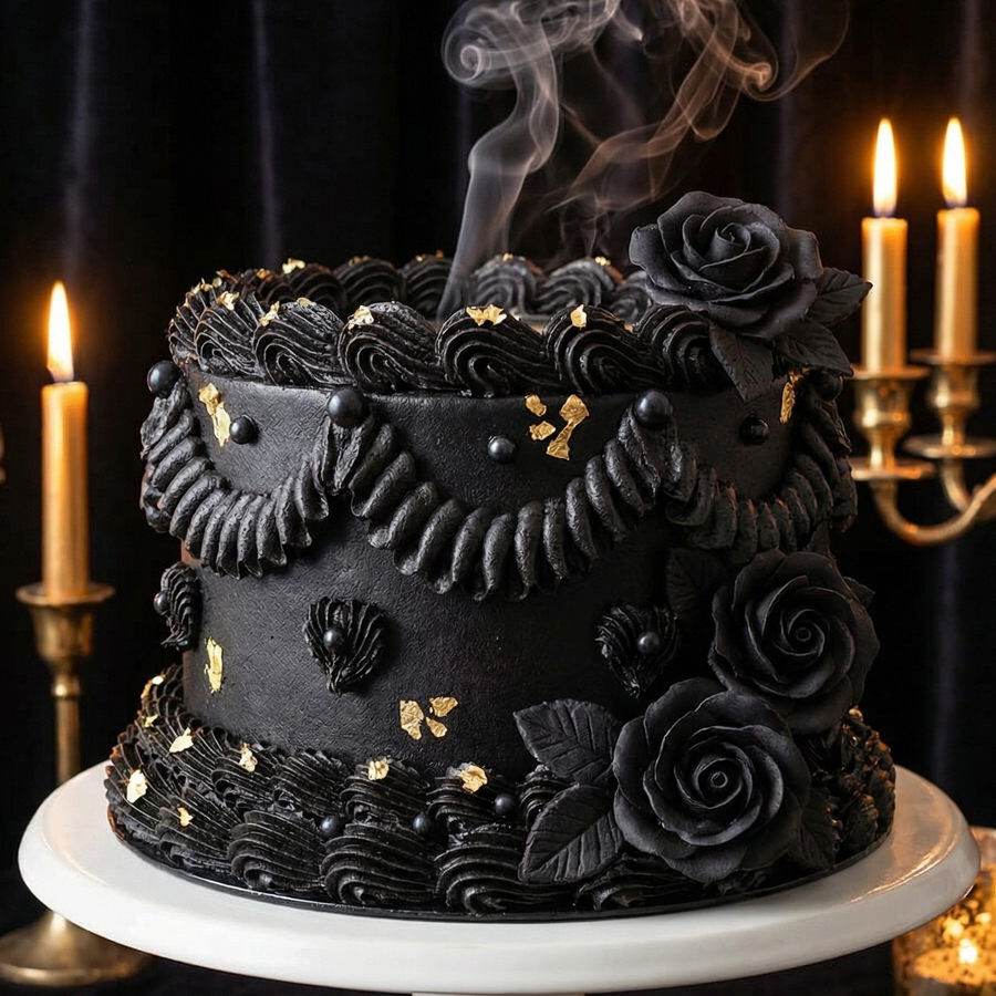 An elegant, tall black velvet cake completely frosted and decorated with rich black buttercream.