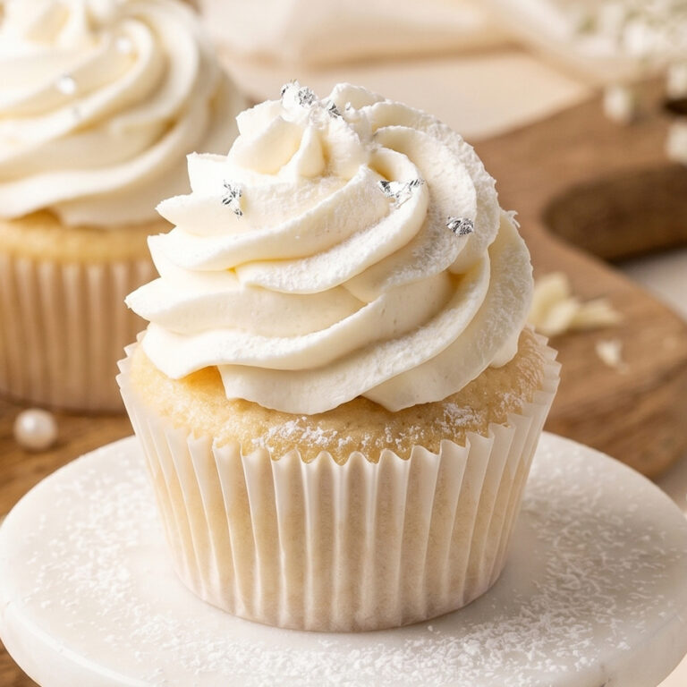 elegant white cupcakes with whipped frosting