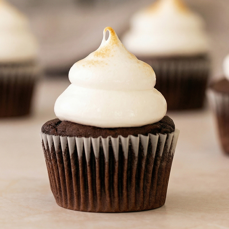 Fluffy Marshmallow Frosting Cupcakes Close-up of chocolate cupcakes topped with tall swirls of pure white marshmallow frosting