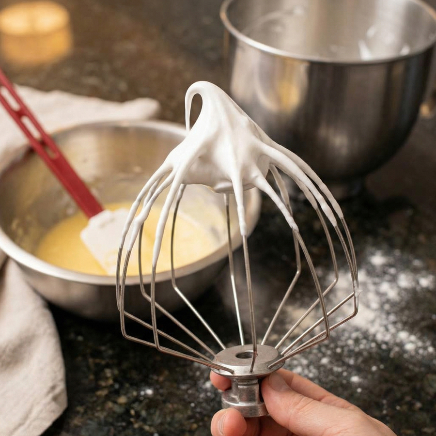Folding Whipped Cream A whisk holding fluffy whipped cream above a bowl of pale yellow cake batter.