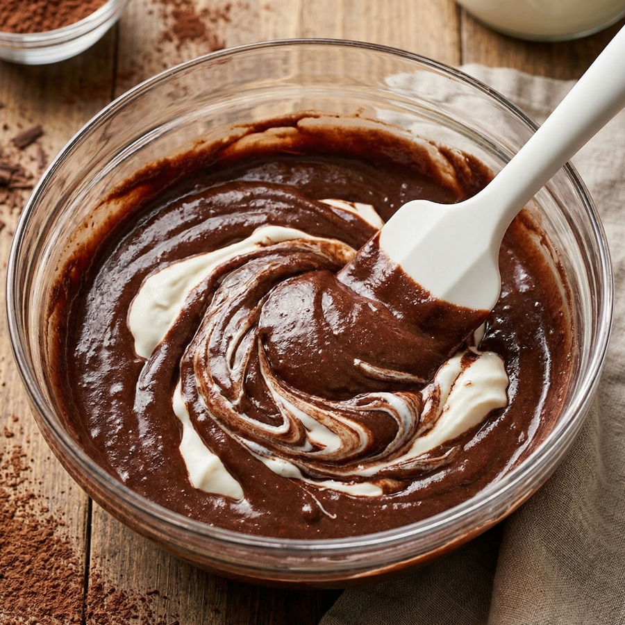 Folding Whipped Cream into Batter A baker gently folding whipped cream into chocolate cake batter with a spatula.