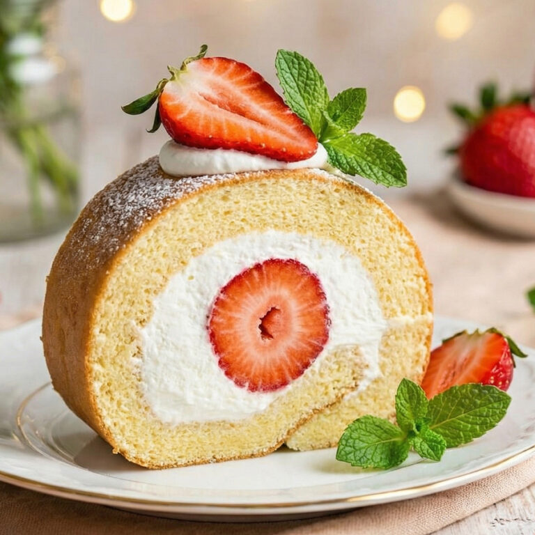 fresh strawberry roll cake slice