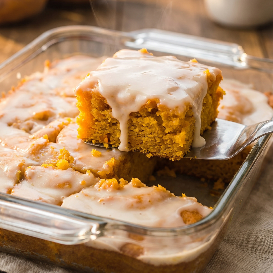 A square baking dish filled with glazed sweet potato honey bun cake, cut into pieces with a metal spatula lifting a slice.