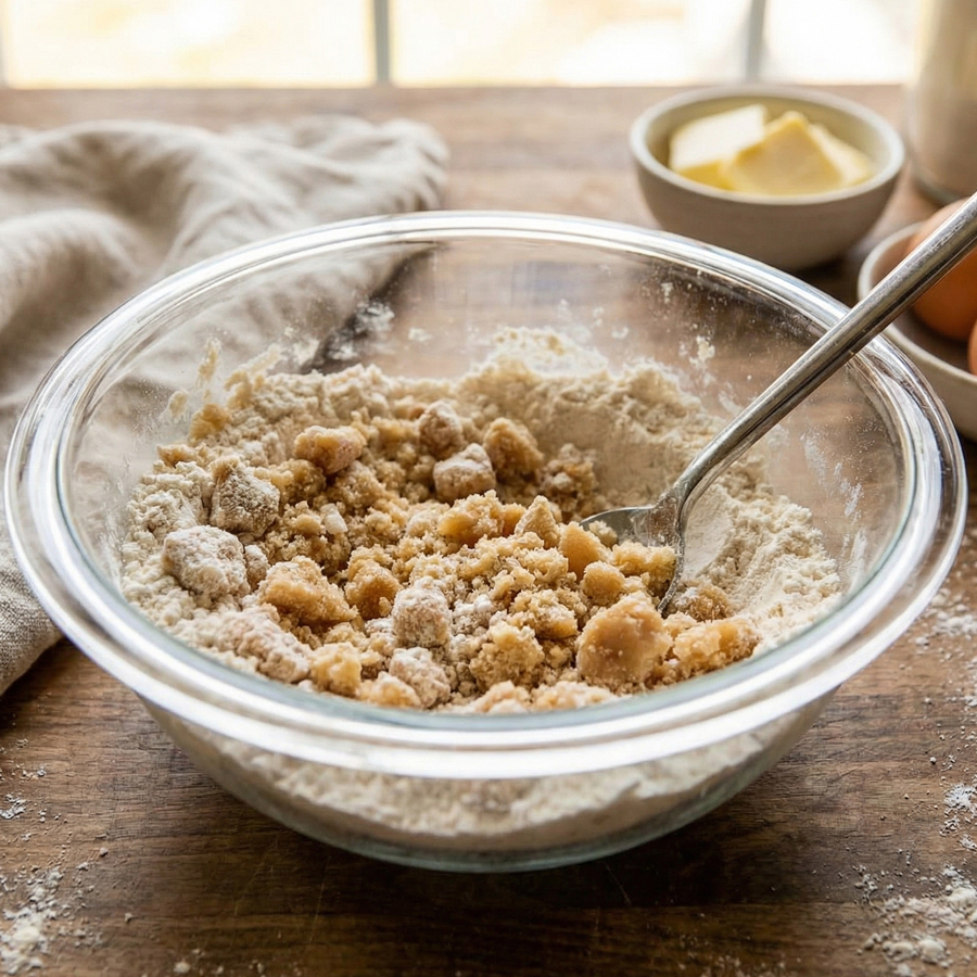 Making Cinnamon Streusel A bowl of cinnamon streusel crumbs being mixed with melted butter for coffee cake topping.