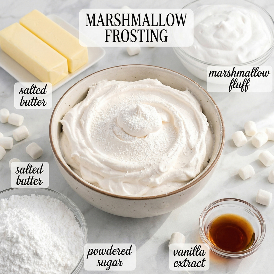 Ingredients for Marshmallow Frosting A jar of marshmallow fluff, softened butter, powdered sugar, and vanilla extract sitting on a marble counter